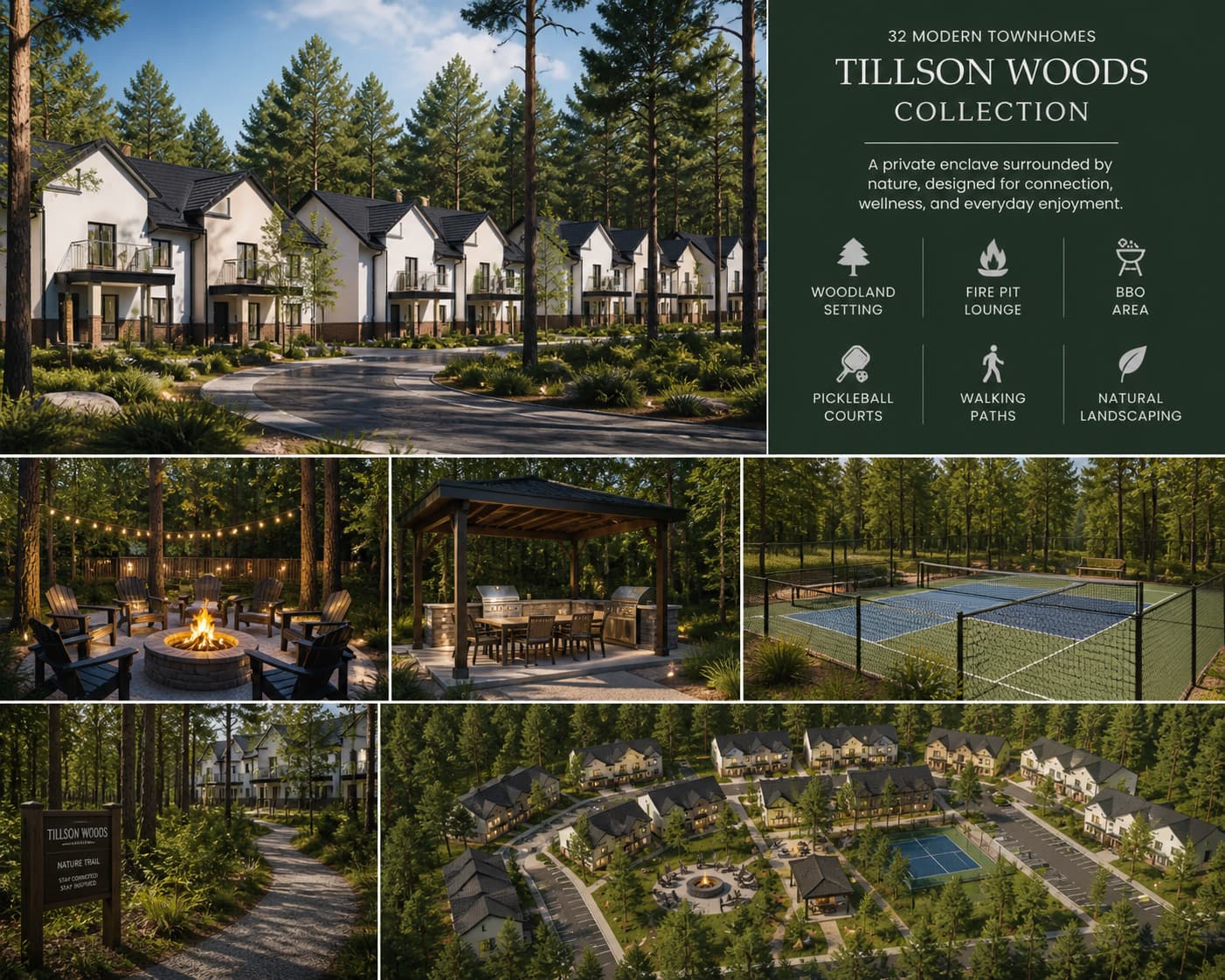 Tillson Woods marketing collage with exterior and outdoor amenity visuals.